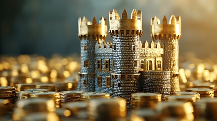 A 3D illustration of wealth protection, depicting a fortress with money, symbolizing security and safeguarding of financial assets, with ample copy space.