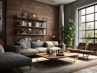 Modern living room with a brick wall, a large window, a gray sectional sofa and two brown armchairs with a wooden coffee table.