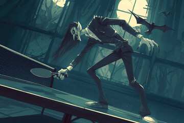 Animated Vampire Playing Table Tennis in Gothic Setting with Bats