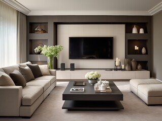 Modern living room interior with a large flat screen tv, a sectional sofa, and a coffee table with books and white decor.