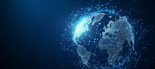 Obraz premium Abstract blue digital background with glowing network connections and global connection concept on a dark blue backdrop. Abstract technology, internet, or business theme vector illustration design ele