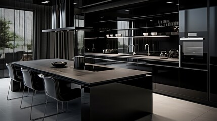 Modern kitchen with black cabinets, wooden table, and stainless steel appliances.