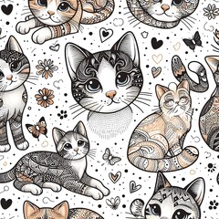 Cute Ornamental Cat Seamless Pattern