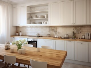 Modern kitchen interior with white cabinets, wood countertop, and dining table.