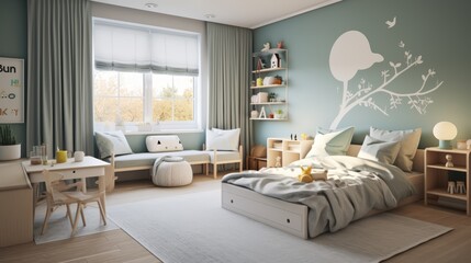 Obraz premium Modern kids bedroom with a white bed, a wooden desk with two chairs, a bench under the window with pillows, a nightstand with a lamp, a bookshelf with decorations, and a rug on the wooden floor.