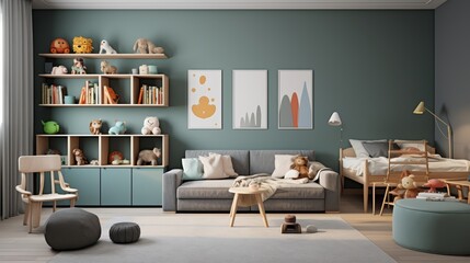 Modern kids playroom interior design with a couch, a toy shelf, a rug, and a bed.