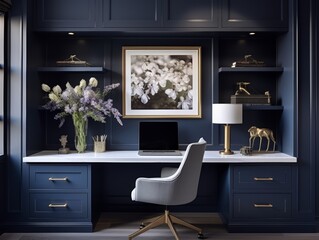 Modern Home Office with Blue Cabinets, White Marble Desk, and Gold Accents.