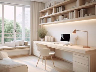 Fototapeta premium Modern home office with a white desk, computer, and chair, and a window overlooking trees.