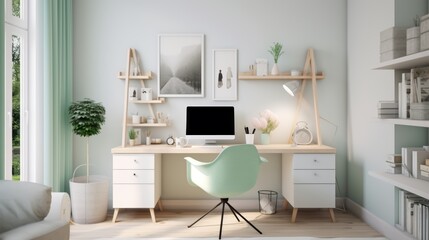 Modern home office with a white desk and a mint green chair.
