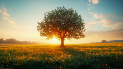 Obraz premium Sun is shining through branches of lonely growing oak tree at dawn