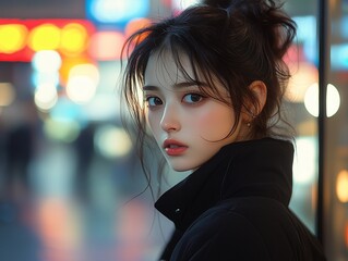 お団子ヘアのかわいいモデルの女性