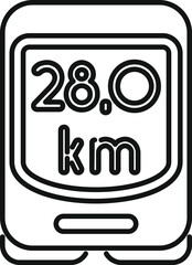 Simple vector icon of a bike computer displaying a distance of 28 kilometers