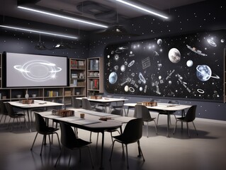 Modern classroom with a space theme featuring a whiteboard with a galaxy illustration, desks with chairs and books, and a projector screen showing a galaxy.