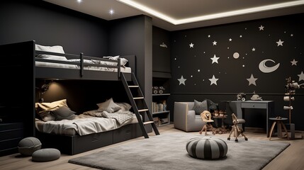 Modern children's bedroom with a bunk bed, nightstand, toys and a grey armchair with a moon and stars on the black wall.