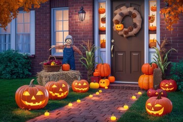 Charming Halloween Porch with Pumpkins and Scarecrow