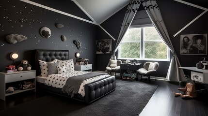 Fototapeta premium Modern bedroom with black walls, a leather bed, and a plush rug, with a window view of a green tree.