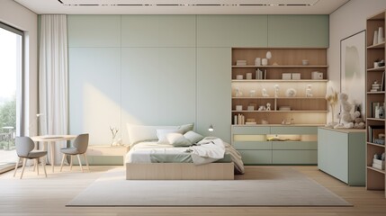 Modern bedroom with a wooden bed, two chairs, and shelves.
