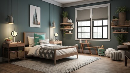 Modern bedroom with a teal wall, a bed with white bedding and a teal pillow, a wood nightstand, and a patterned rug.
