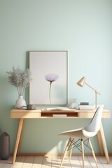 Minimalist workspace with a wooden desk, white chair, and a framed floral print.