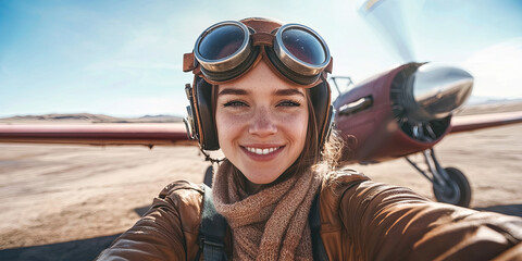 Fototapeta premium A young woman, a pilot, takes a selfie while wearing a vintage helmet and goggles on her head, generative AI