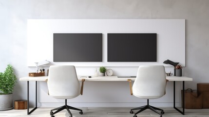 Minimalist workspace with two white chairs, a desk with wooden legs, a wooden box, and two black screens.