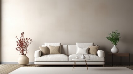 Minimalist living room with a white sofa, beige pillows, two vases with plants and a wooden side table.