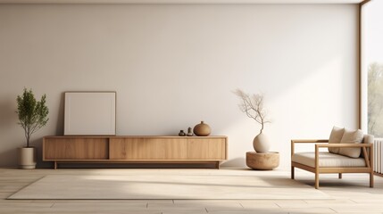 Minimalist living room with a wooden cabinet, armchair, and a framed poster.