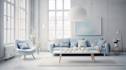 Minimalist living room with light blue couch, white rug, and white coffee table, framed artwork, and white lamp.