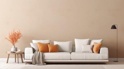 Minimalist living room with a white sofa, beige wall, a side table and a floor lamp.