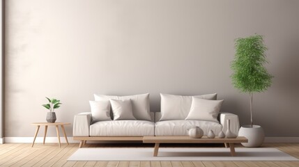 Minimalist living room with a white sofa, wooden coffee table and a potted plant.