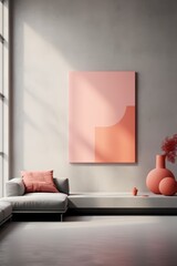 Minimalist living room with a pink and orange abstract art piece, a sofa and a vase with dried flowers on a shelf.