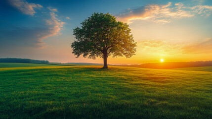 Obraz premium The golden hour illuminating a peaceful landscape with a lonely tree standing on a hill