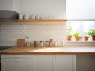 Minimalist kitchen countertop with wooden shelf, white cabinets, and a window with plants.