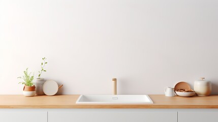 Minimalist kitchen countertop with wooden countertop, white sink, and decor.