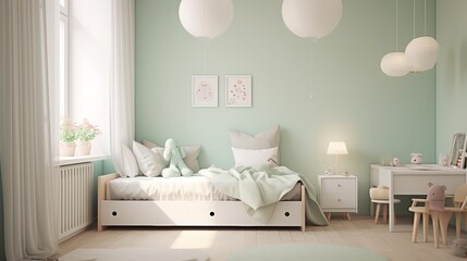 Minimalist kid's bedroom with a single bed, light green walls, and white round pendant lights.