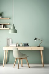 Minimalist home office workspace with a light green wall, wooden desk, chair, and a laptop.