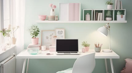 Minimalist home office workspace with a laptop, desk lamp, and decorative elements.