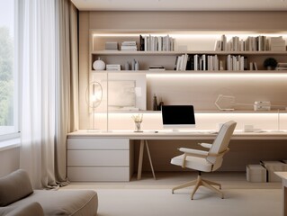 Minimalist Home Office with Wooden Desk, White Chair, and Built-in Bookshelves.