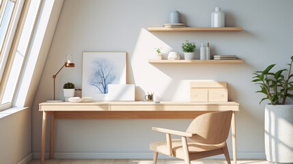 Fototapeta premium Minimalist home office with wooden desk, chair, and shelves, featuring a large window and a framed tree print.