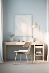Minimalist home office with light blue wall, wooden desk, chair, and lamp, a framed blank canvas on the wall.