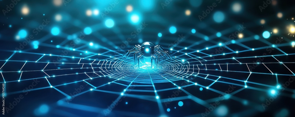Poster a mesmerizing digital web with glowing nodes, representing connectivity and technology in an abstrac