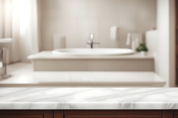 Empty marble tabletop or counter with display product. Blur image of bath room background.