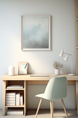 Minimalist home office desk with wooden table, a green chair, laptop, and a lamp.