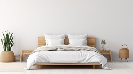 Minimalist bedroom interior with a wooden bed, white linens, and a potted plant.