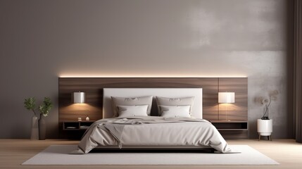 Minimalist bedroom interior with a king-size bed, wooden headboard, and nightstands with lamps.