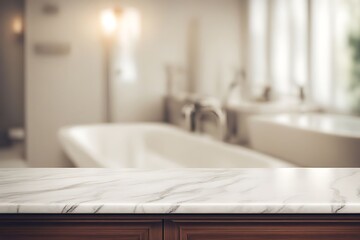 Empty marble tabletop or counter with display product. Blur image of bath room background.