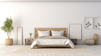 Minimalist bedroom interior design with a wooden bed frame, white bedding, and a rug on the floor.