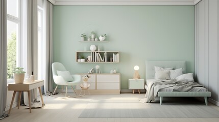 Minimalist bedroom interior with a green wall, a bed, a rocking chair, and a bookshelf.