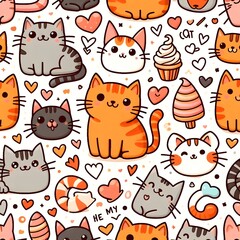 Seamless Pattern with Cute Cats, Hearts, and Desserts