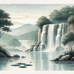 Rendition Stock _ Watercolor Illustration #0003435A _ Misty Cascade Valleys